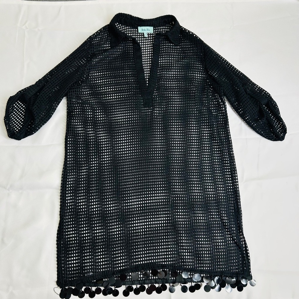 Aruba Blue Swim Cover Up Womens S Black Mesh Sequin Fringe Roll Tab Sleeve Tunic